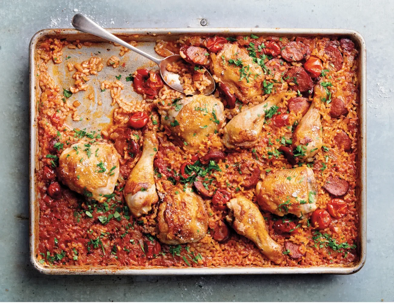 Baked rice and chicken in an oven dish