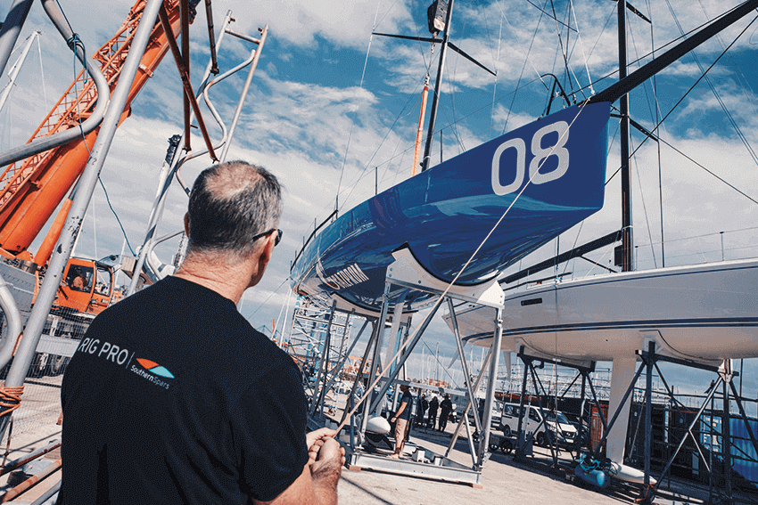 Bronenosec Sailing Team launch their new 52 Super Series Boat with the help of the Southern Spars team