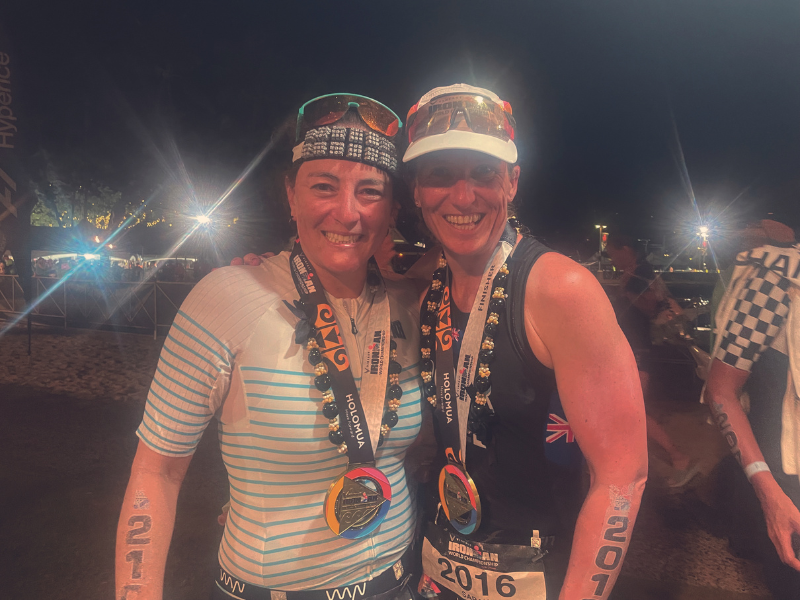 Dr Sarah Poplar at the finish line with a friend