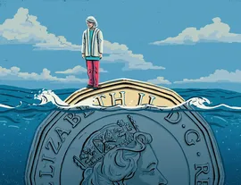 Illustrated person standing on a large coin sinking in rising water