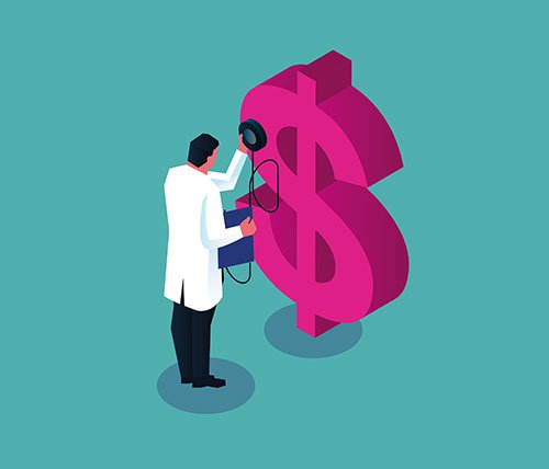 Illustration of a doctor using his stethoscope to listen to a giant dollar symbol
