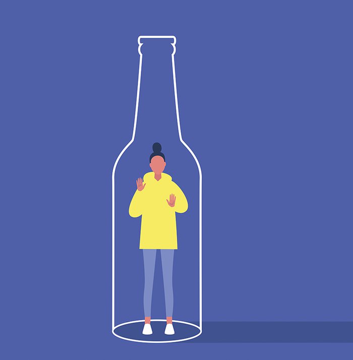 Illustration of a person inside a bottle