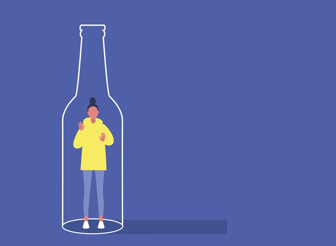 Illustration of a person stuck inside a bottle