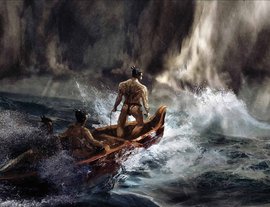 Illustration of paddling a waka into a storm