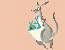 Illustration of a kangaroo australia with a baby nz and money in pounch listing.webp