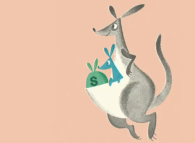 Illustration of a kangaroo australia with a baby nz and money in pounch listing.webp