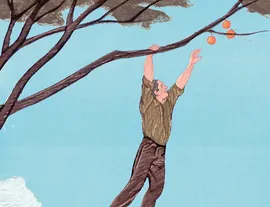 Illustration of person hanging from a branch trying to reach fruit