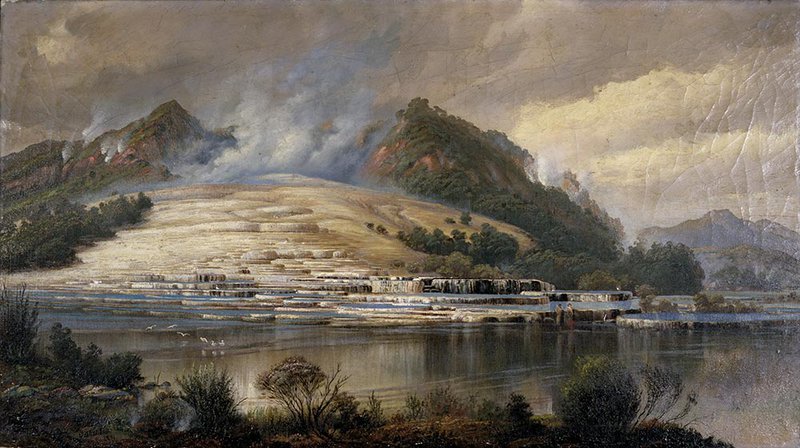 Landscape painting pink terraces before volcanic eruption