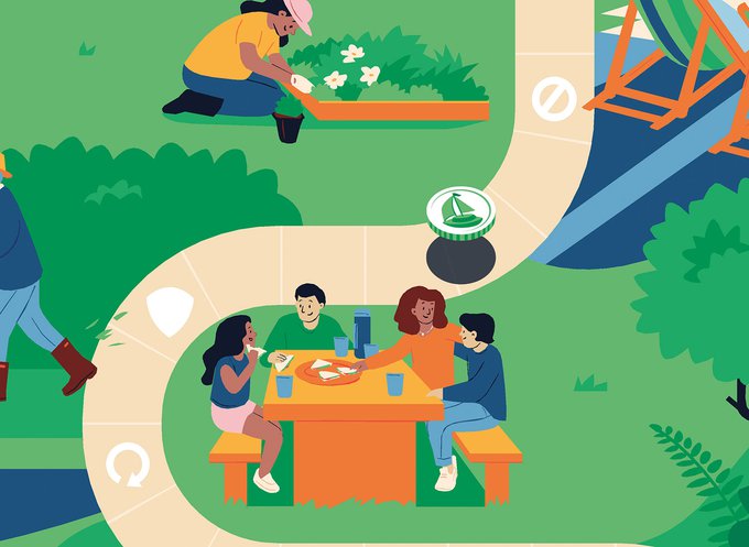 illustration of a group of friends sitting at a picnic table and a lady doing her gradening