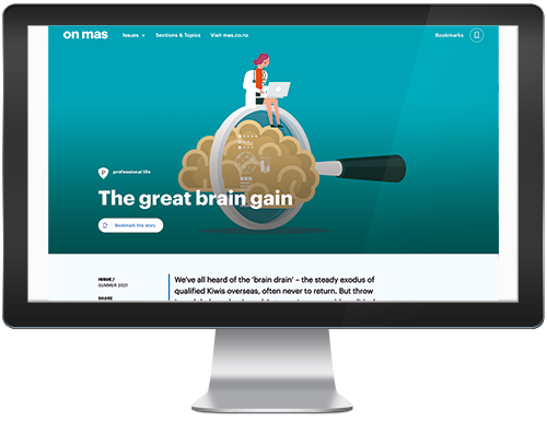 Picture of webpage featuring OnMAS article The Great Brain Gain on computer screen