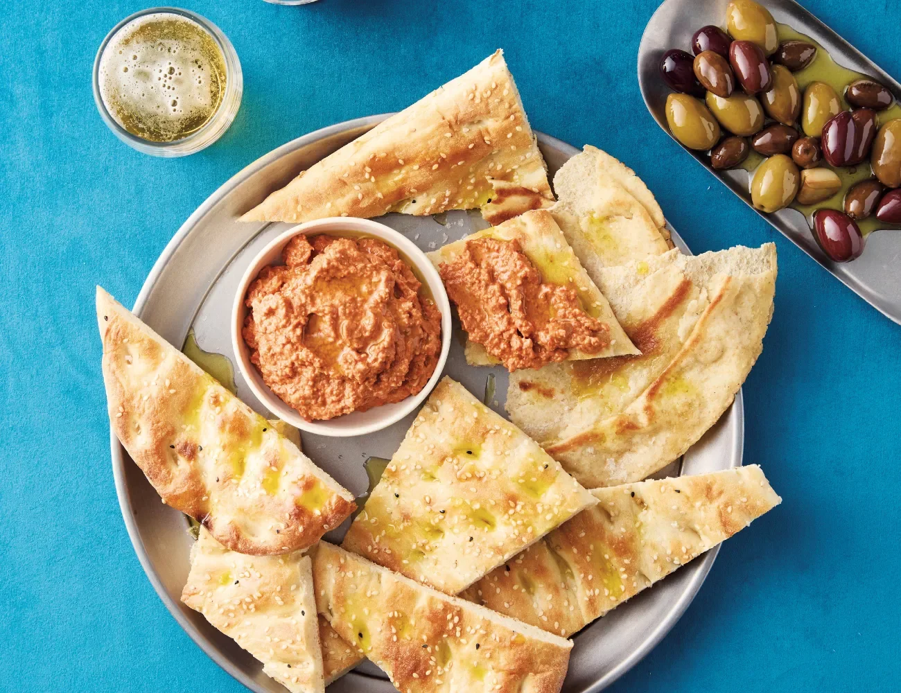 Roast Capsicum Dip with Olives and Pita Bread