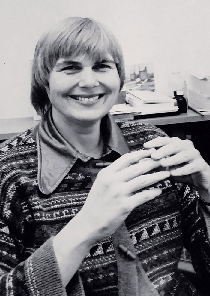 Robin Helen Briant at her medical school desk in 1974