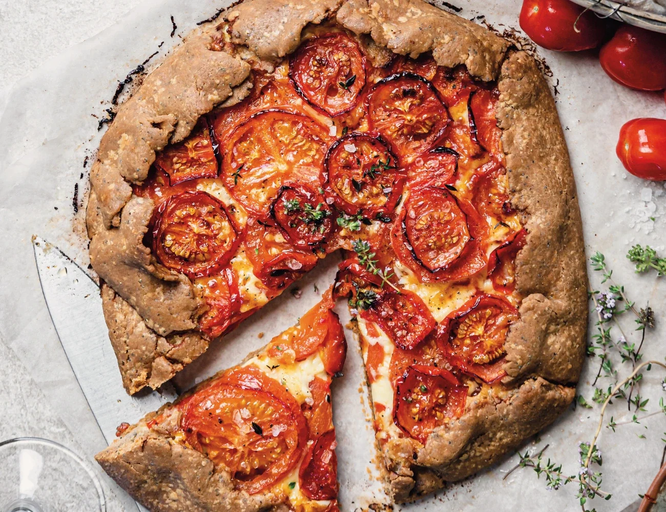 Tomato and Cheddar galette with buckwheat poppyseed crust