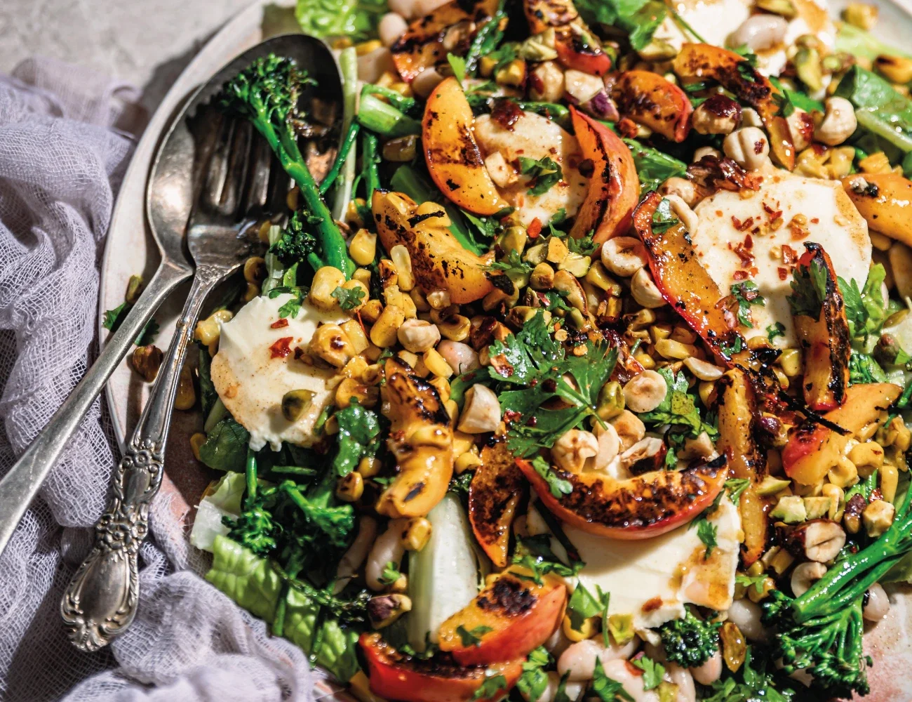 charred nectarine and broccolini salad with spiced honey