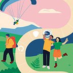 illustration of the MAS Moments game board with a couple taking a selfie a tramper and a trip in a hot air balloon