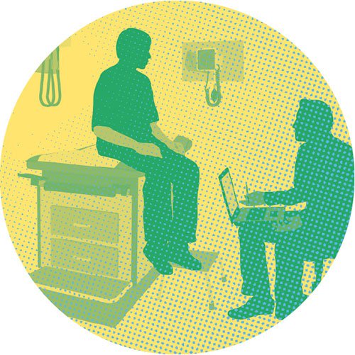 Silhouette of a doctors room with a dr sitting down with his laptop on his lap and a patient sitting on the bed