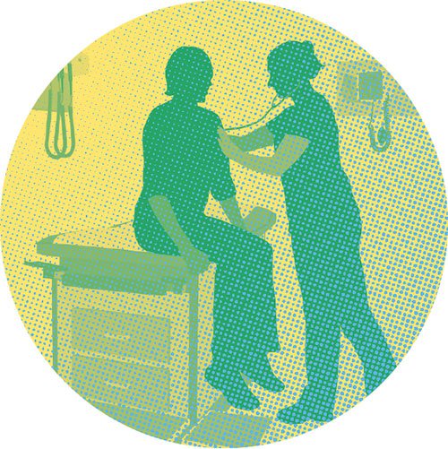 silhouette of a doctors room where the doctor is listening to the patients chest with a stethoscope