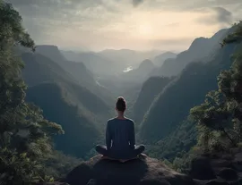 Person meditating on top of a mountain 1500w